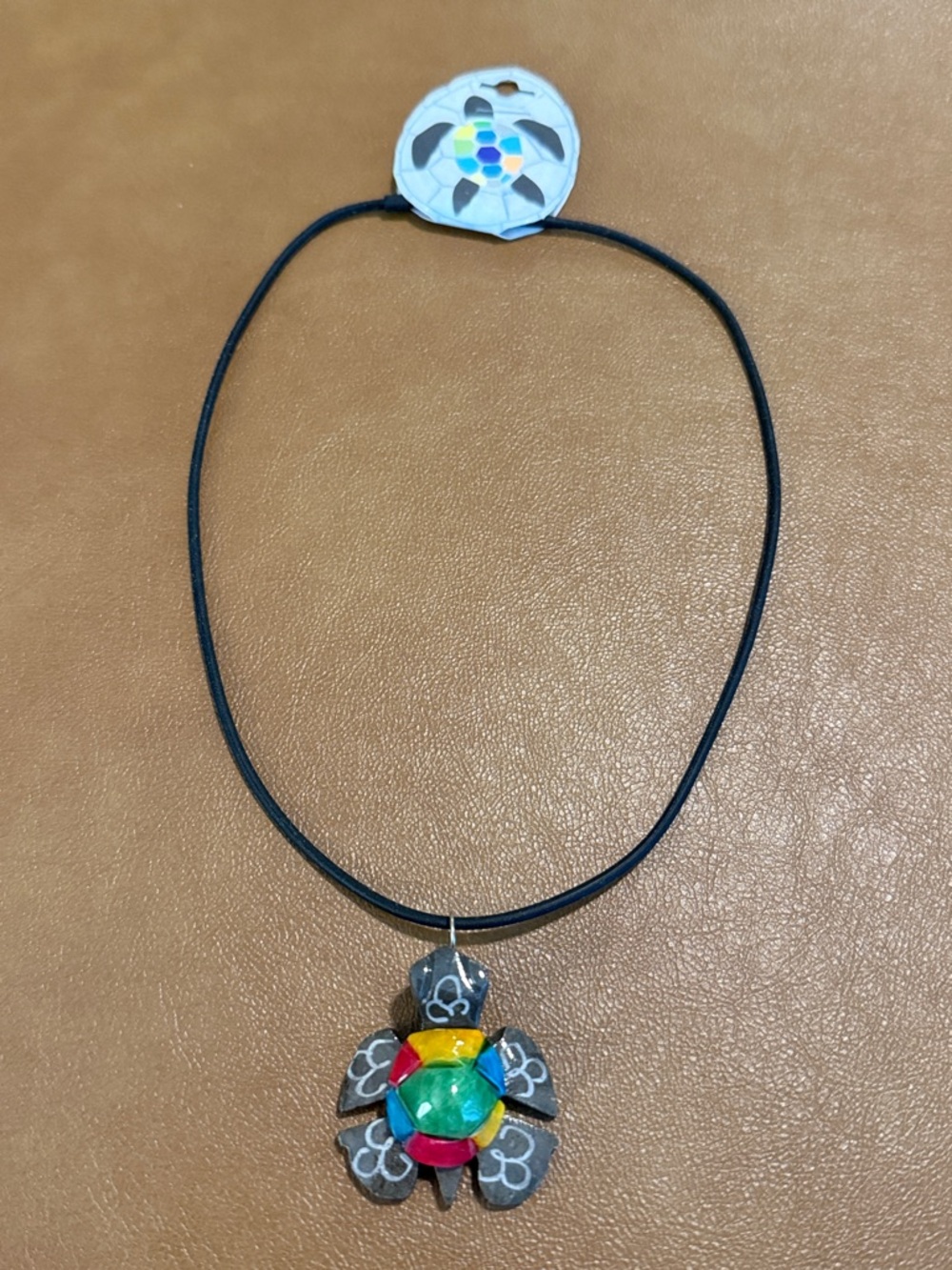 New Marble Multicolor Turtle Pendant Necklace - Black Cord